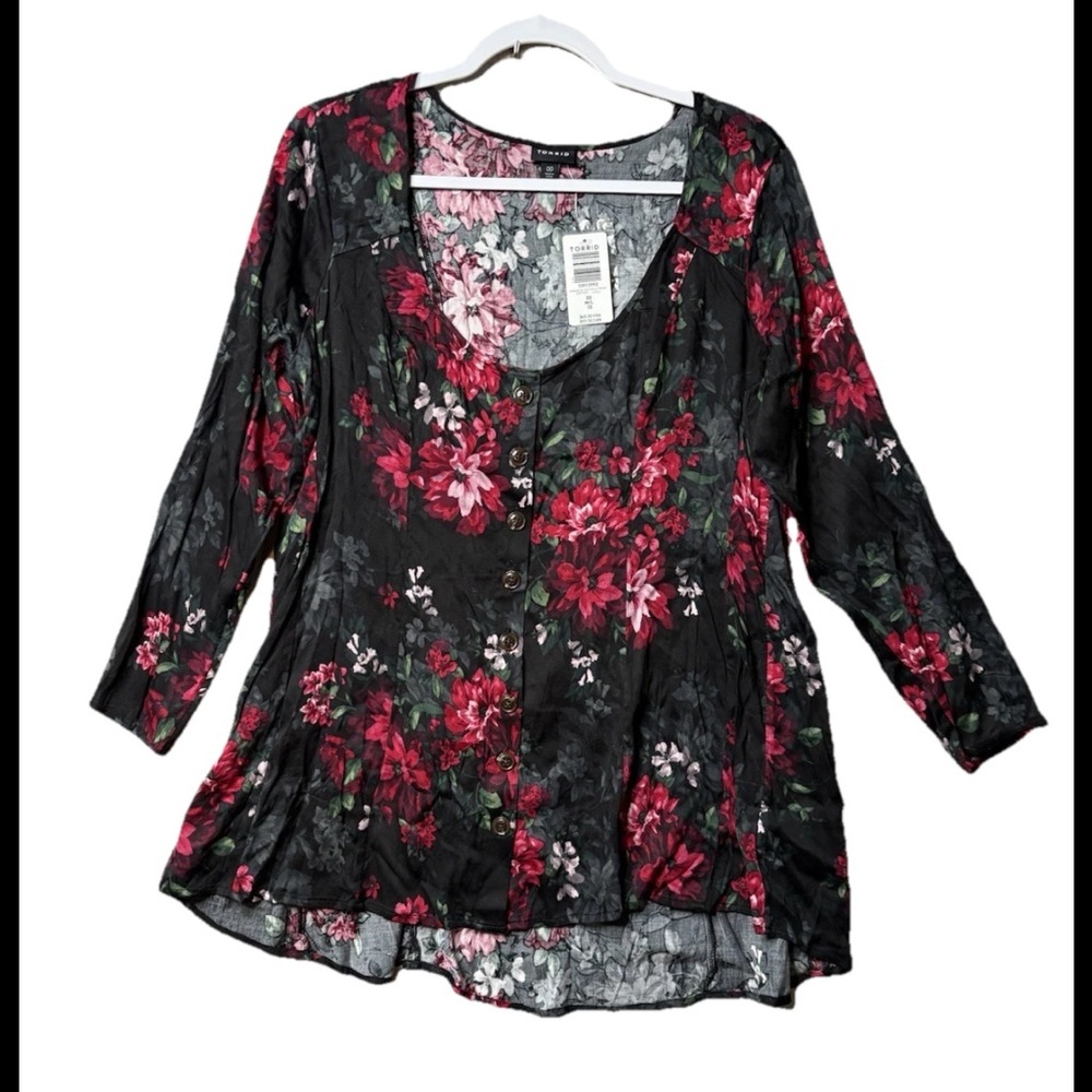 Torrid Women’s Blouse Stretch Challis 3/4 Sleeves Floral Fit N Flare Sz 00 (M/L)